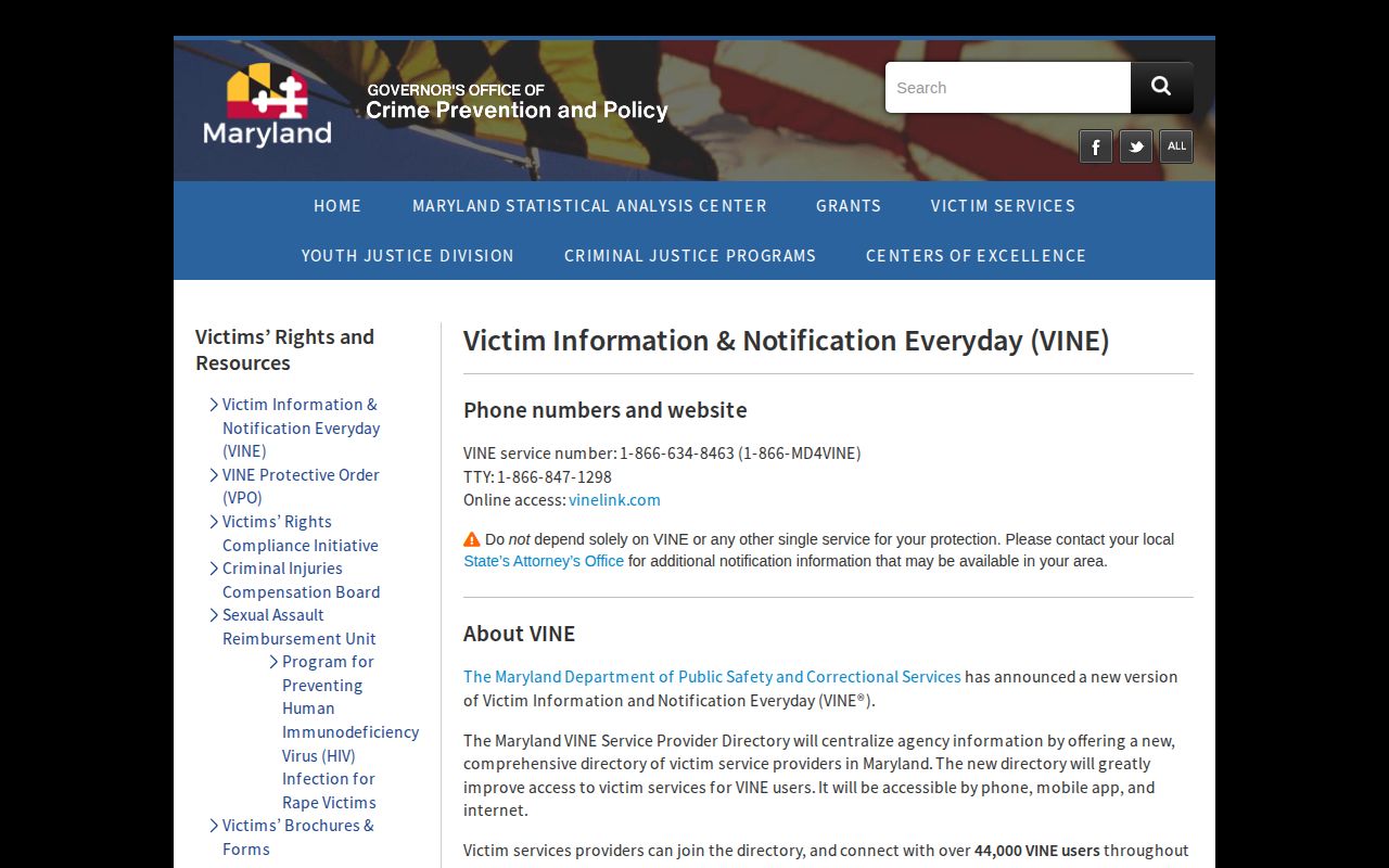 Maryland VINE custody alert information for Worcester County records