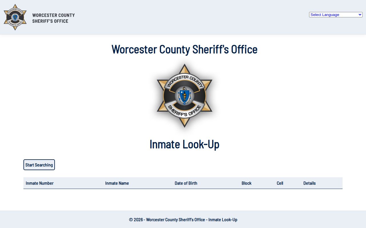 Worcester County current-custody record search form