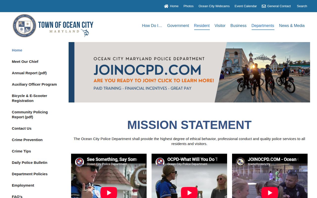 Ocean City Police Department official arrest-record source in Worcester County