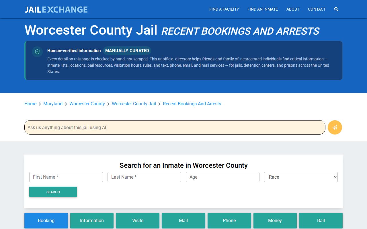 Unofficial Worcester County recent booking directory page